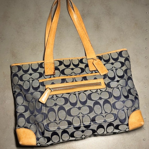 Coach Blue & Grey Signature Canvas Tote w/ Light Brown Trim - Picture 2 of 14